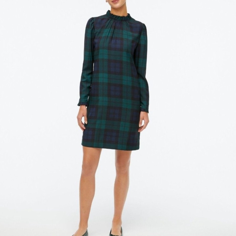 J Crew Black Watch Plaid Ruffle-neck Shift Dress in size 12